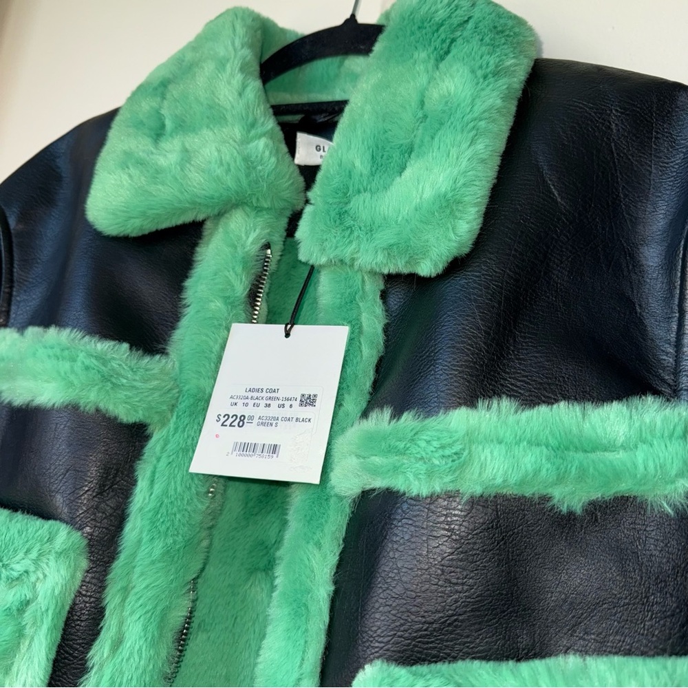 Glamorous Black Green Cropped Shearling Trim Vegan Leather Coat Size 6 - Picture 2 of 13